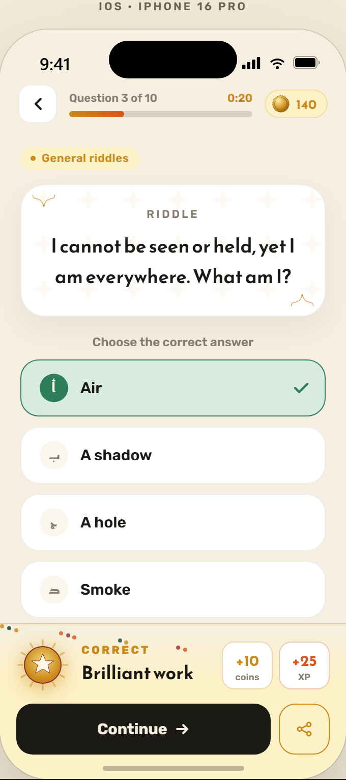 Inline correct-answer celebration with reward chips