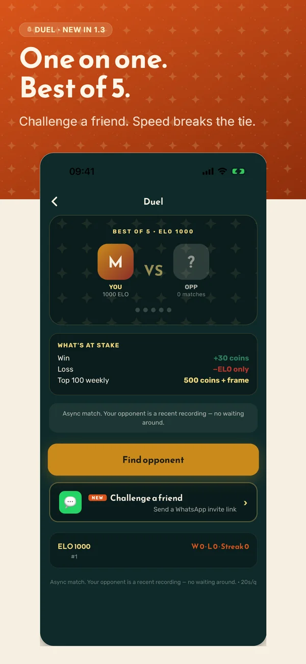 Duel — one on one, best of 5, ELO ladder.