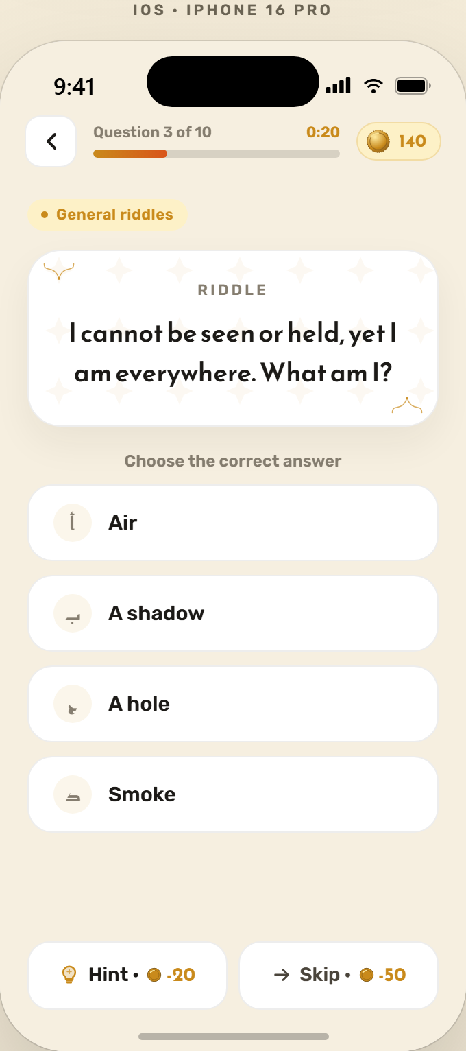 Riddle gameplay with 4 answer choices