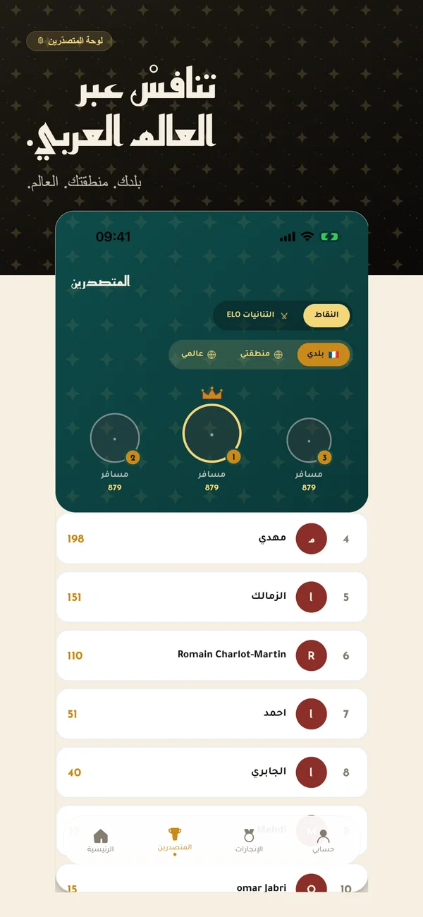 Leaderboard — compete across the Arab world by country, region or globally.