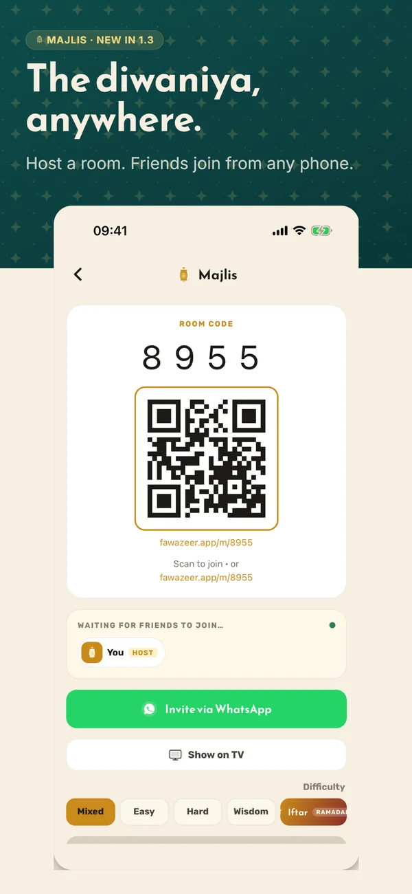 Majlis — open a room, friends join from any phone via QR or 4-digit code.