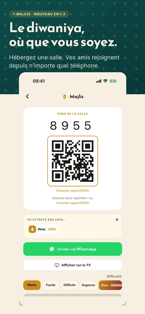Majlis — open a room, friends join from any phone via QR or 4-digit code.