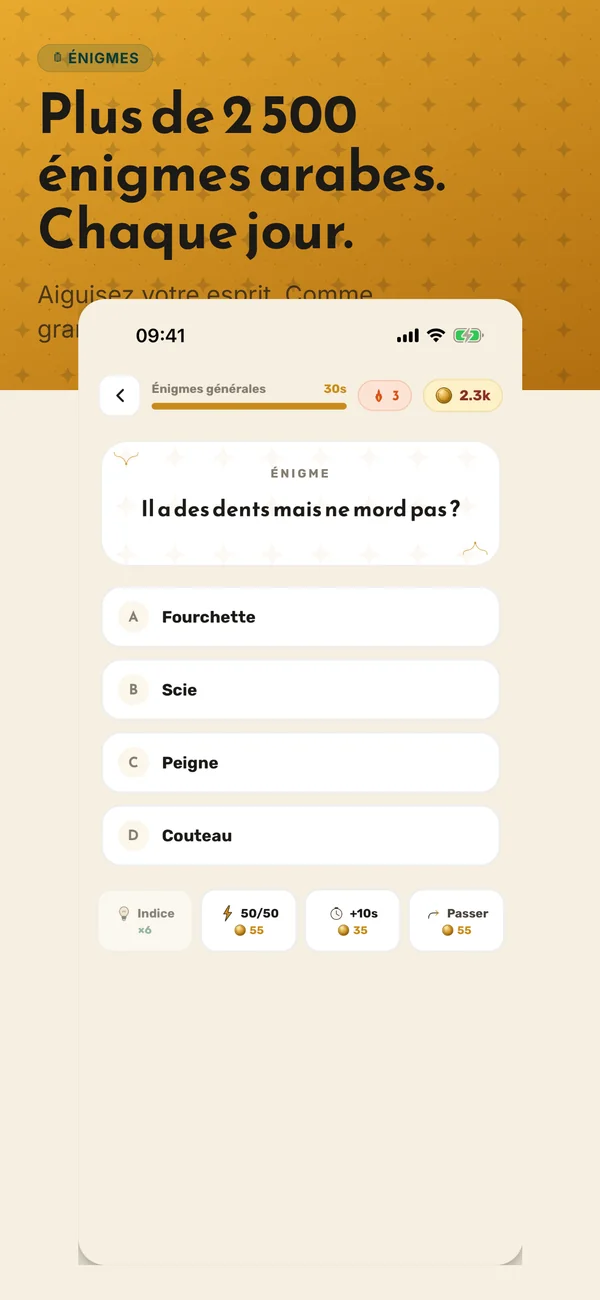2,500+ Arabic riddles — daily play across 11 themed packs.
