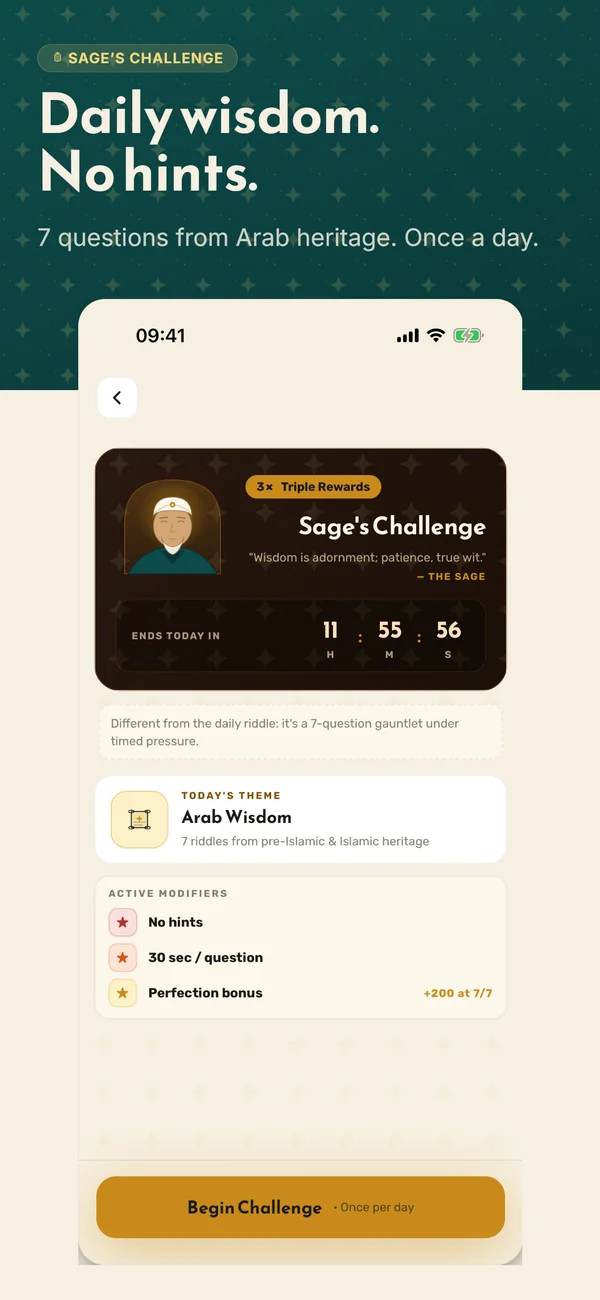 Sage's Challenge — daily 7-question gauntlet, 60 seconds per question, triple rewards.